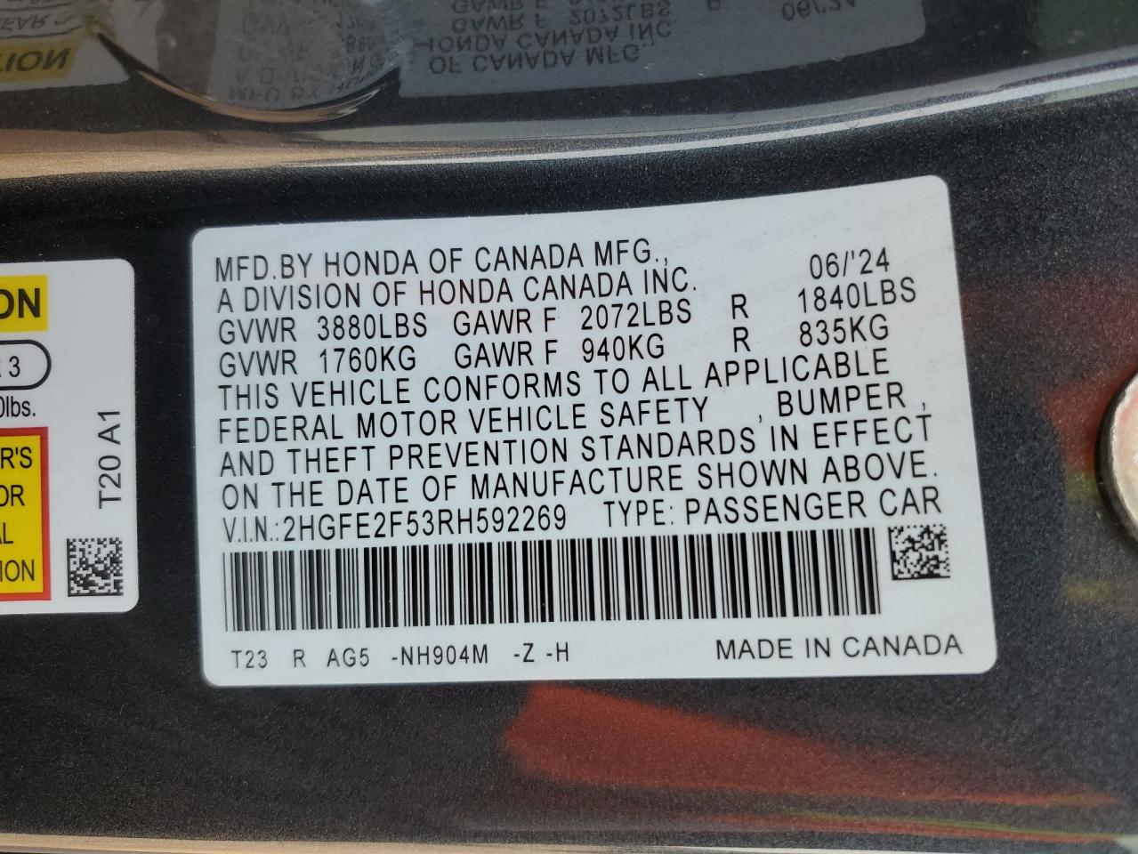 2024 HONDA CIVIC SPORT VIN:2HGFE2F53RH592269