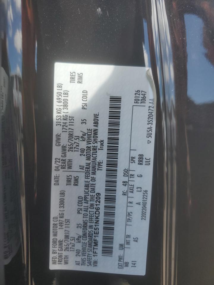2022 FORD F150 VIN:1FTMF1E51NKD61209