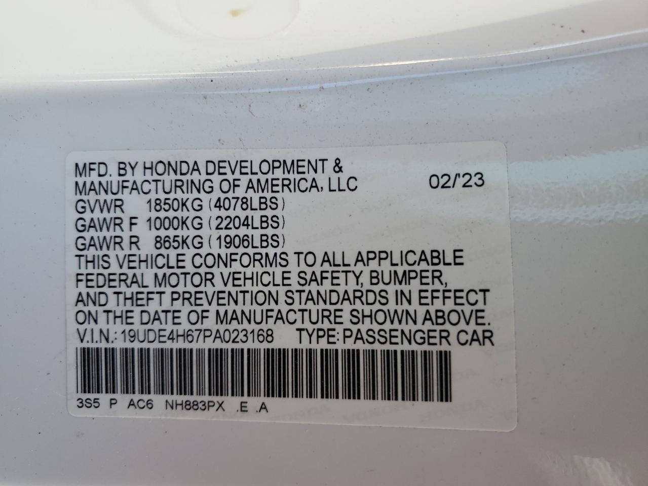 2023 ACURA INTEGRA A-SPEC TECH VIN:19UDE4H67PA023168