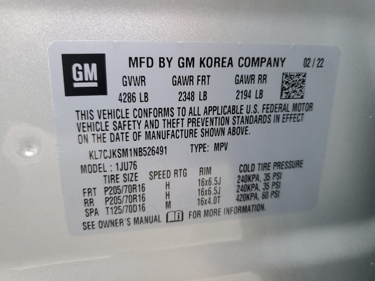 2022 CHEVROLET TRAX LS VIN:KL7CJKSM1NB526491