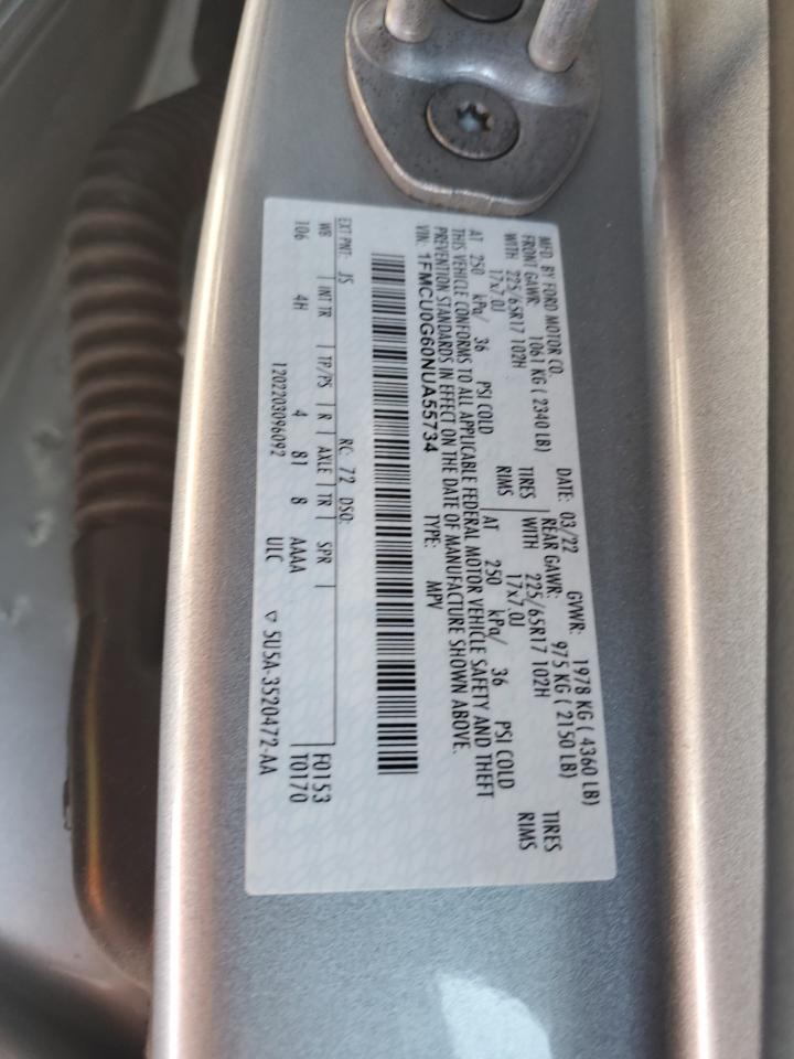 2022 FORD ESCAPE SE VIN:1FMCU0G60NUA55734