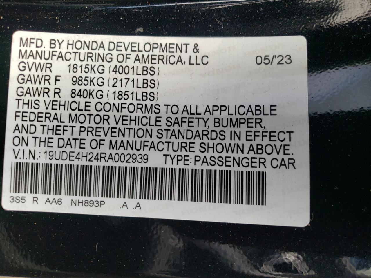 2024 ACURA INTEGRA VIN:19UDE4H24RA002939