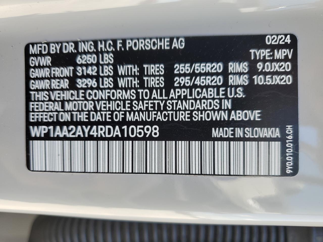 2024 PORSCHE CAYENNE VIN:WP1AA2AY4RDA10598