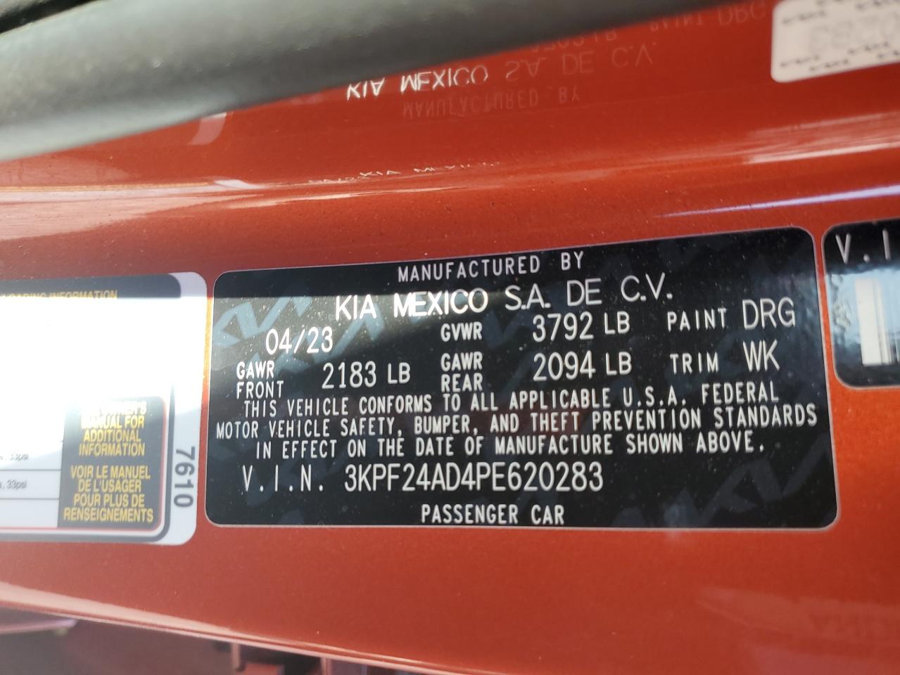 2023 KIA FORTE LX VIN:3KPF24AD4PE620283