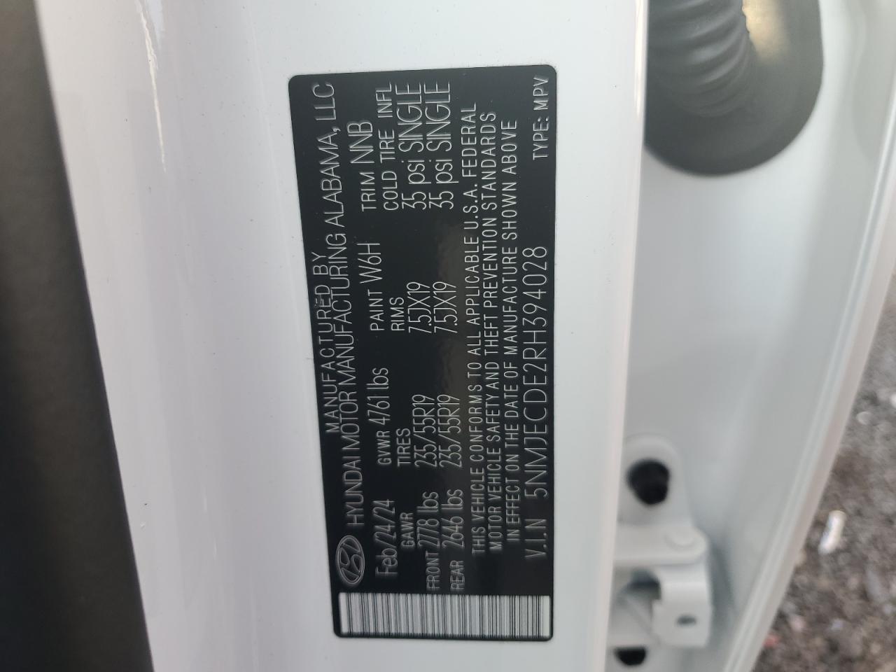 2024 HYUNDAI TUCSON LIMITED VIN:5NMJECDE2RH394028