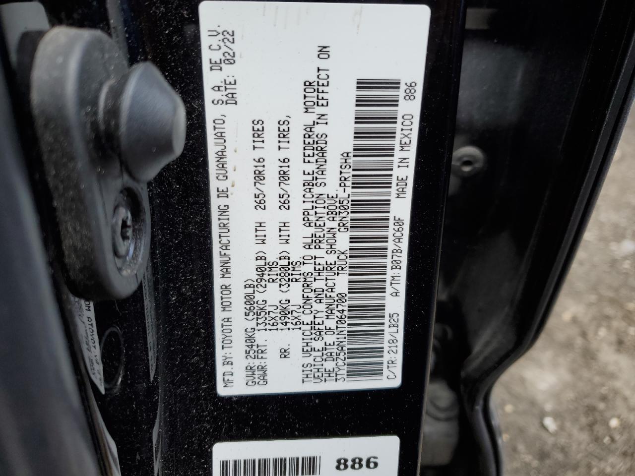 2022 TOYOTA TACOMA DOUBLE CAB VIN:3TYCZ5AN1NT064700