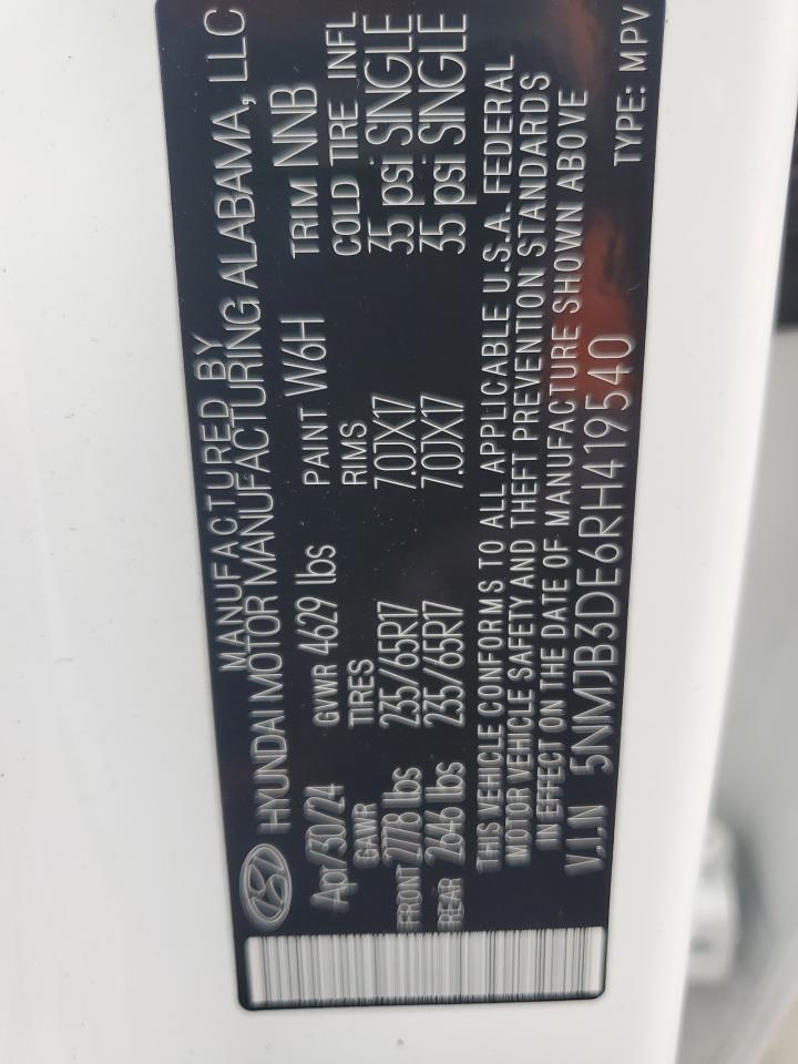 2024 HYUNDAI TUCSON SEL VIN:5NMJB3DE6RH419540