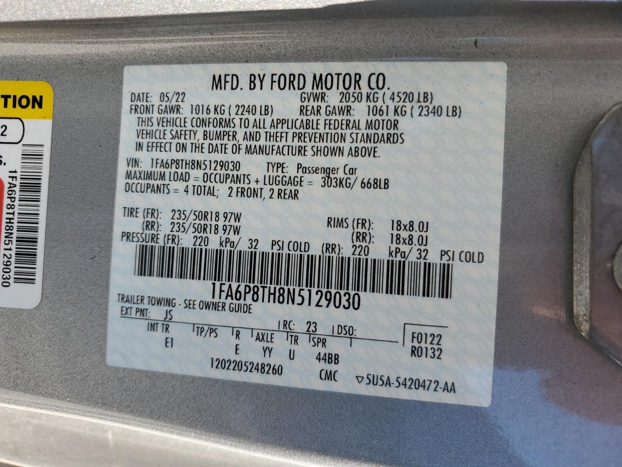 2022 FORD MUSTANG VIN:1FA6P8TH8N5129030