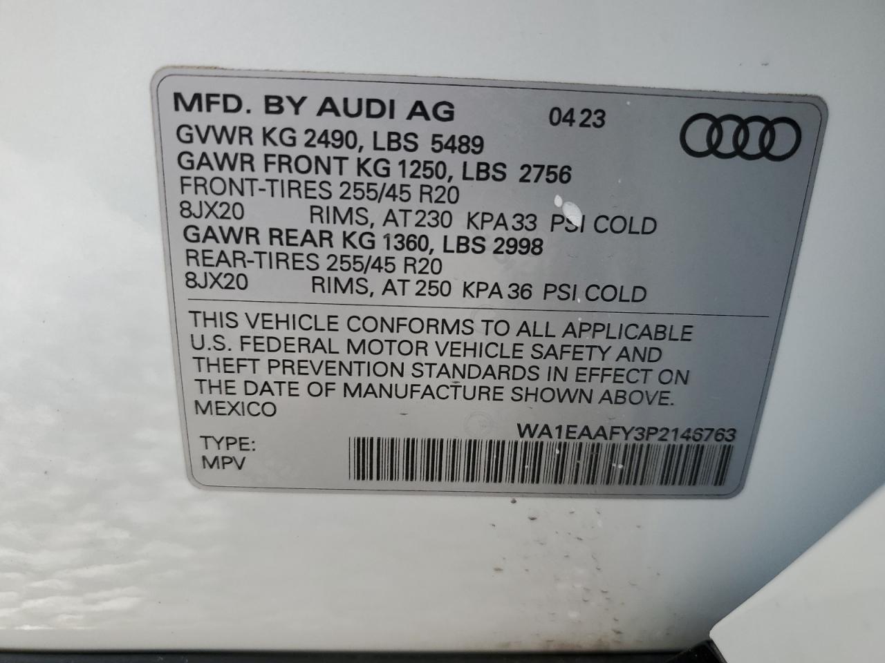 2023 AUDI Q5 PREMIUM PLUS 45 VIN:WA1EAAFY3P2146763