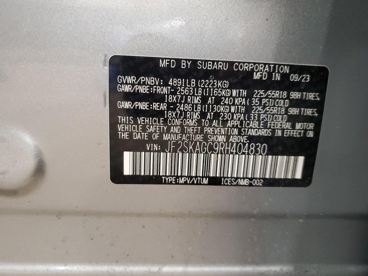 2024 SUBARU FORESTER SPORT VIN:JF2SKAGC9RH404830