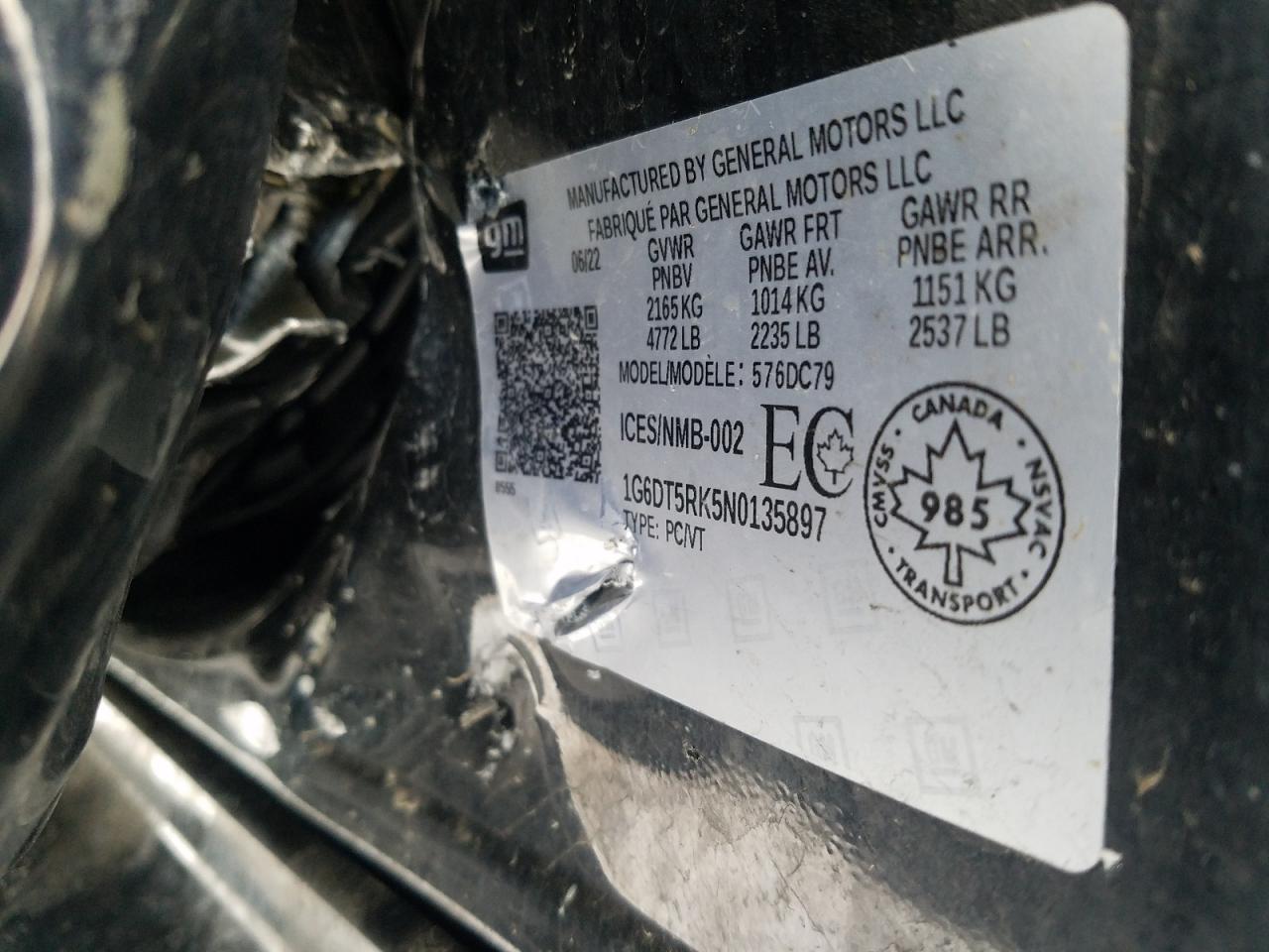 2022 CADILLAC CT5 PREMIUM LUXURY VIN:1G6DT5RK5N0135897