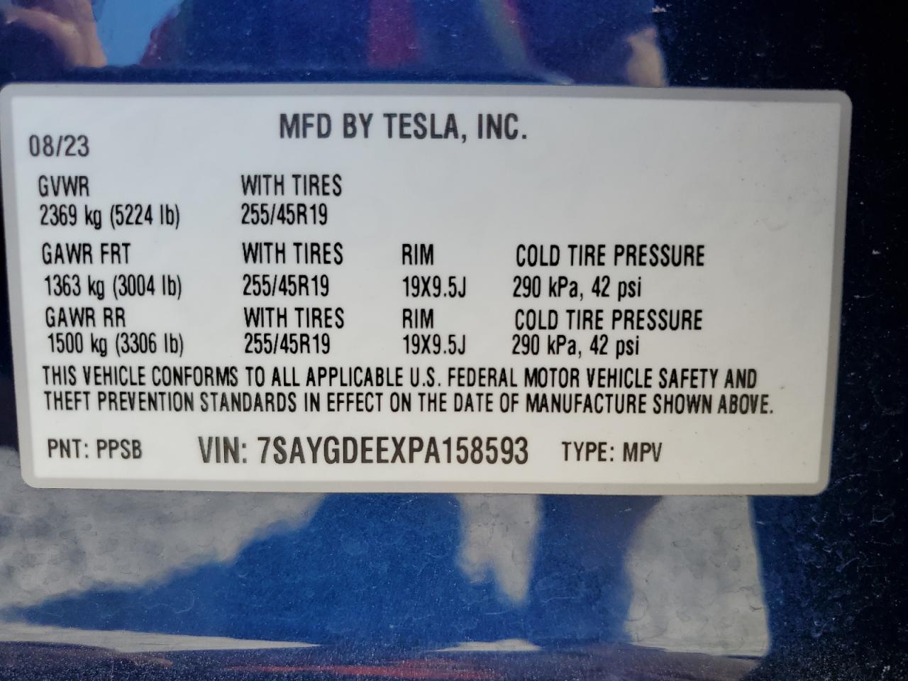 2023 TESLA MODEL Y VIN:7SAYGDEEXPA158593