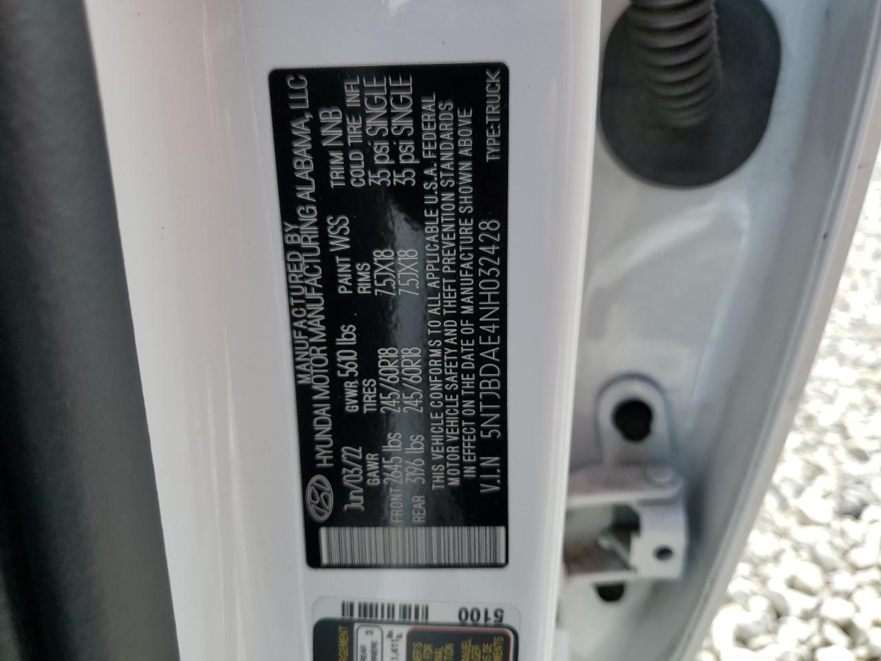2022 HYUNDAI SANTA CRUZ SEL VIN:5NTJBDAE4NH032428