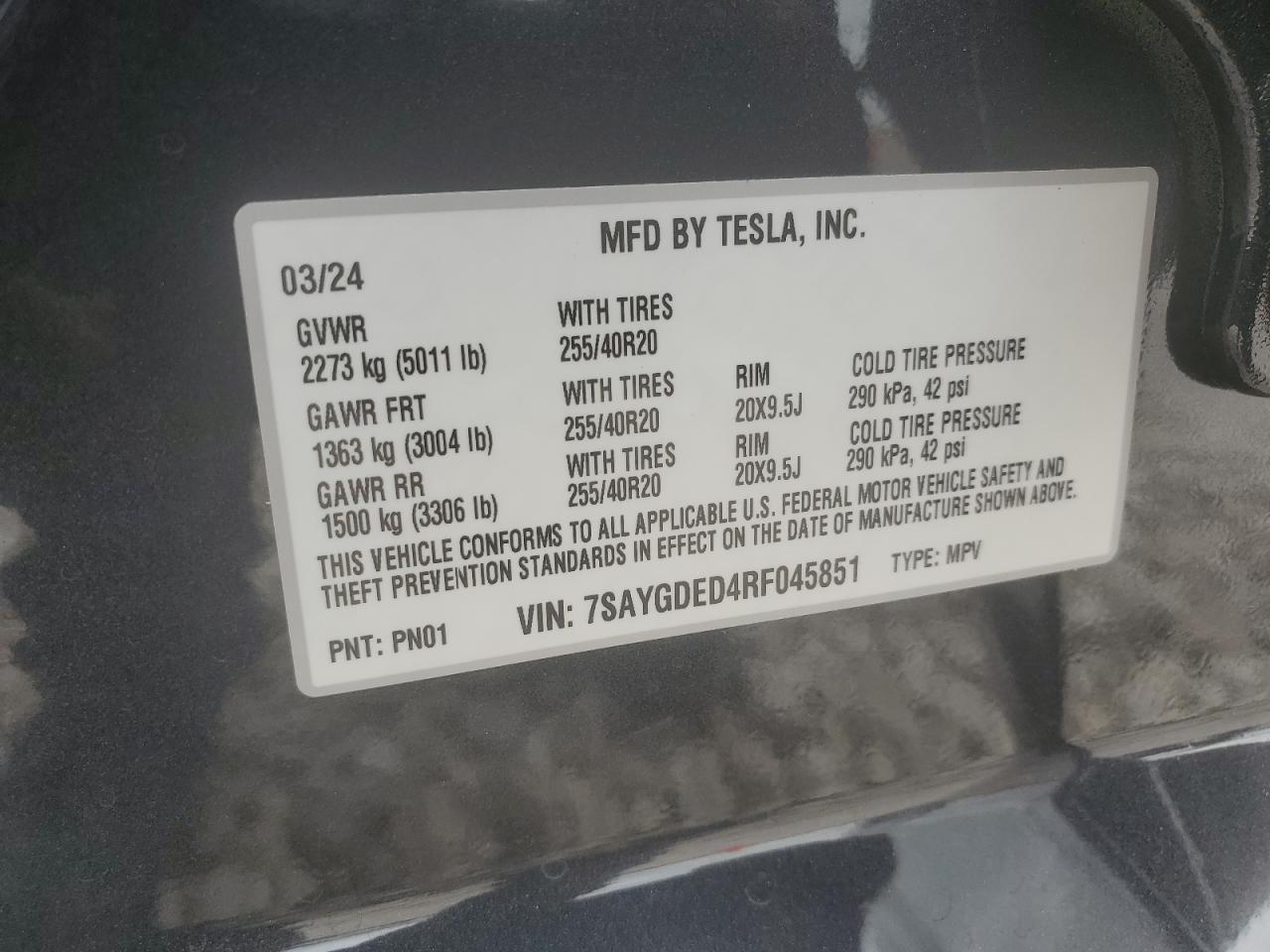 2024 TESLA MODEL Y VIN:7SAYGDED4RF045851
