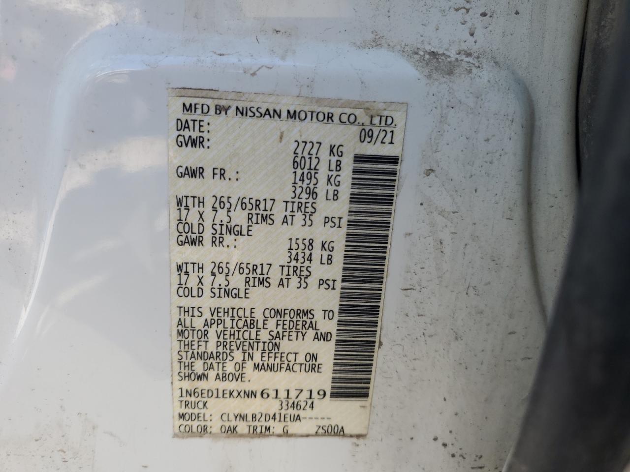 2022 NISSAN FRONTIER S VIN:1N6ED1EKXNN611719