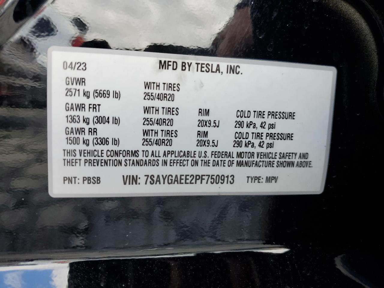 2023 TESLA MODEL Y VIN:7SAYGAEE2PF750913