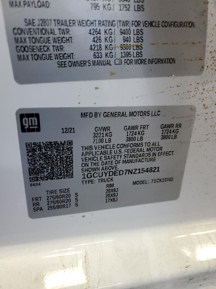 2022 CHEVROLET SILVERADO LTD K1500 LT VIN:1GCUYDED7NZ154821