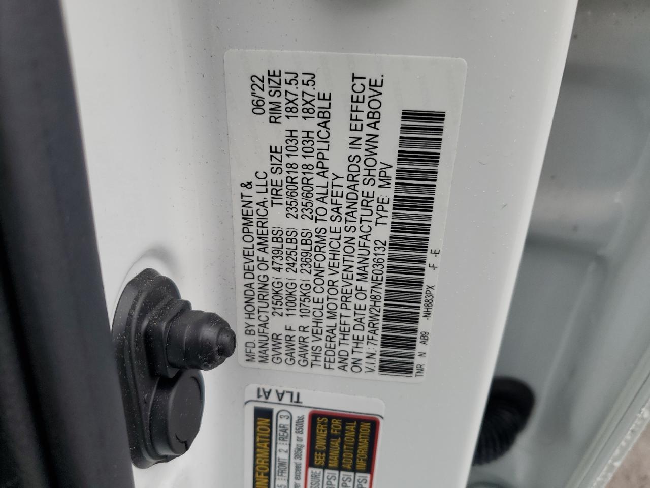 2022 HONDA CR-V EXL VIN:7FARW2H87NE036132