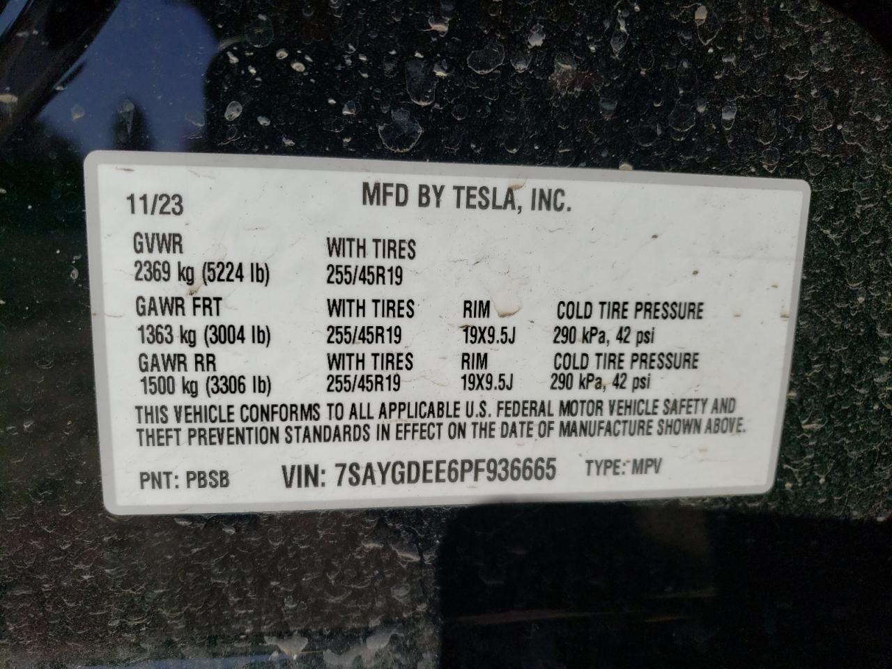 2023 TESLA MODEL Y VIN:7SAYGDEE6PF936665
