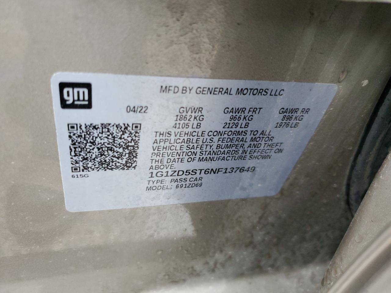 2022 CHEVROLET MALIBU LT VIN:1G1ZD5ST6NF137649