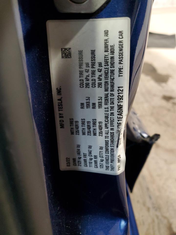 2022 TESLA MODEL 3 VIN:5YJ3E1EA6NF192121