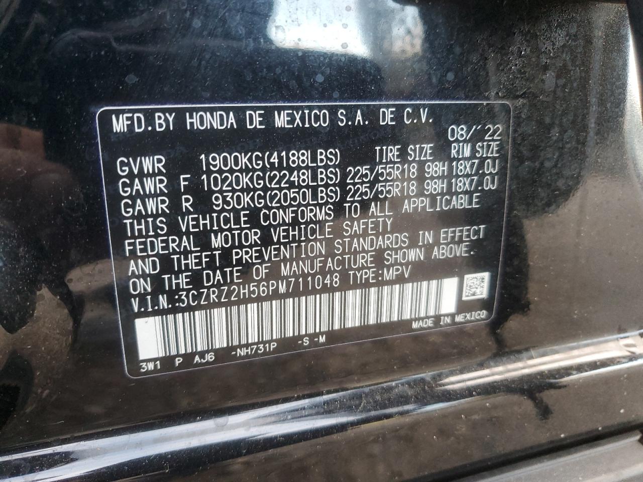 2023 HONDA HR-V SPORT VIN:3CZRZ2H56PM711048