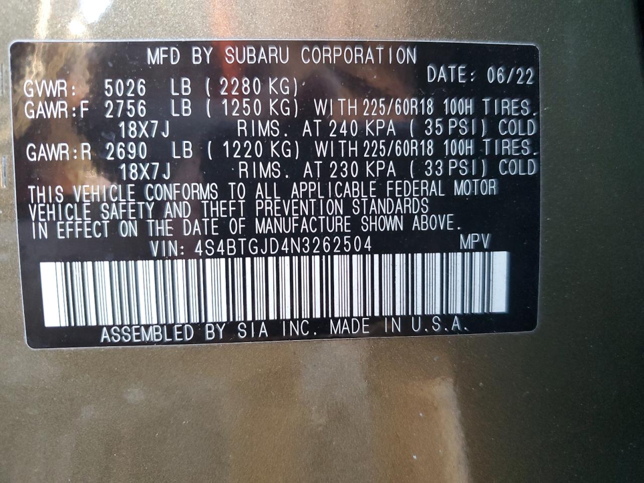 2022 SUBARU OUTBACK ONYX EDITION XT VIN:4S4BTGJD4N3262504