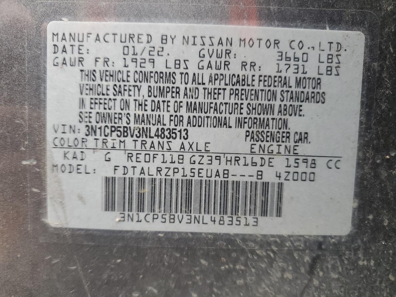 2022 NISSAN KICKS S VIN:3N1CP5BV3NL483513