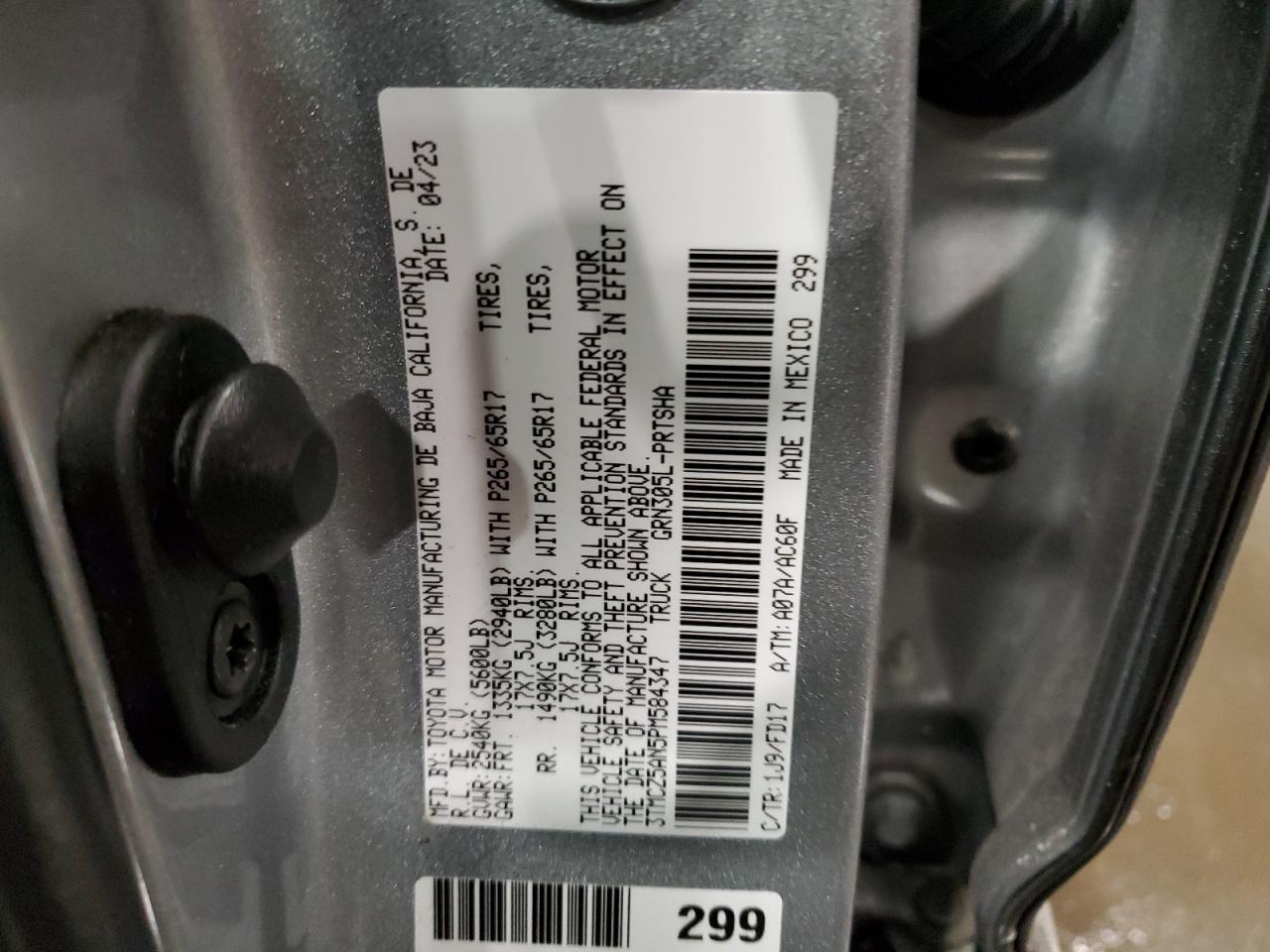 2023 TOYOTA TACOMA DOUBLE CAB VIN:3TMCZ5AN5PM584347