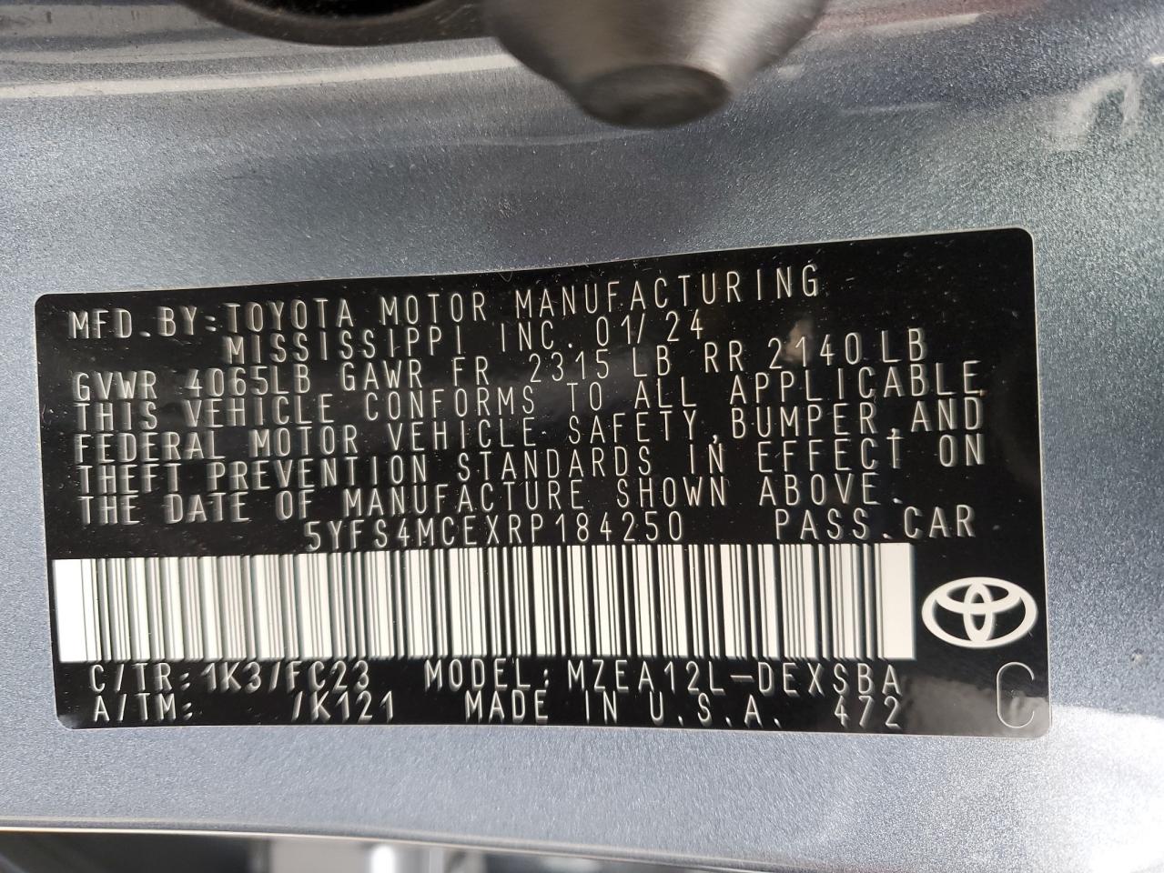 2024 TOYOTA COROLLA SE VIN:5YFS4MCEXRP184250