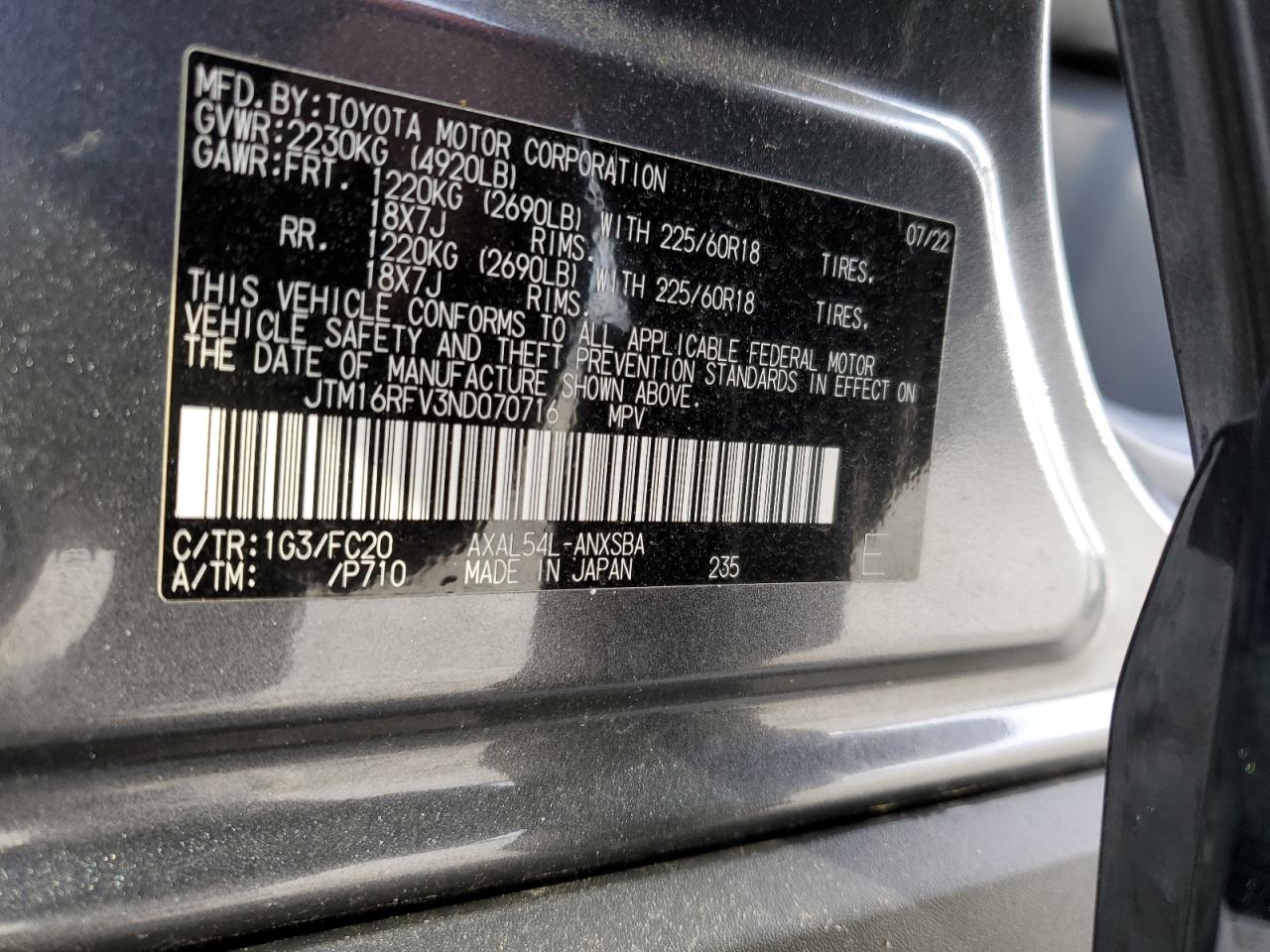2022 TOYOTA RAV4 SE VIN:JTM16RFV3ND070716