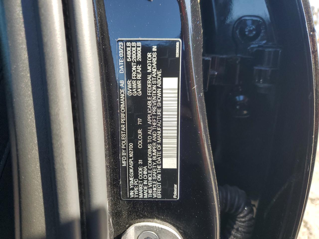 2023 POLESTAR 2 VIN:YSMEG3KA5PL162700