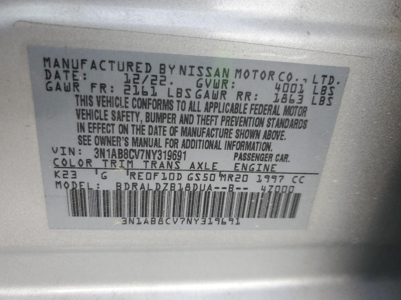 2022 NISSAN SENTRA SV VIN:3N1AB8CV7NY319691