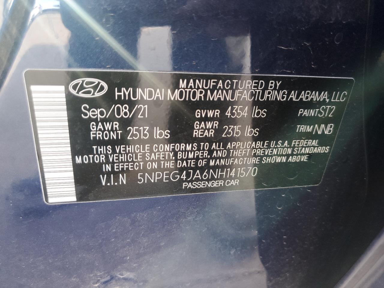 2022 HYUNDAI SONATA SE VIN:5NPEG4JA6NH141570