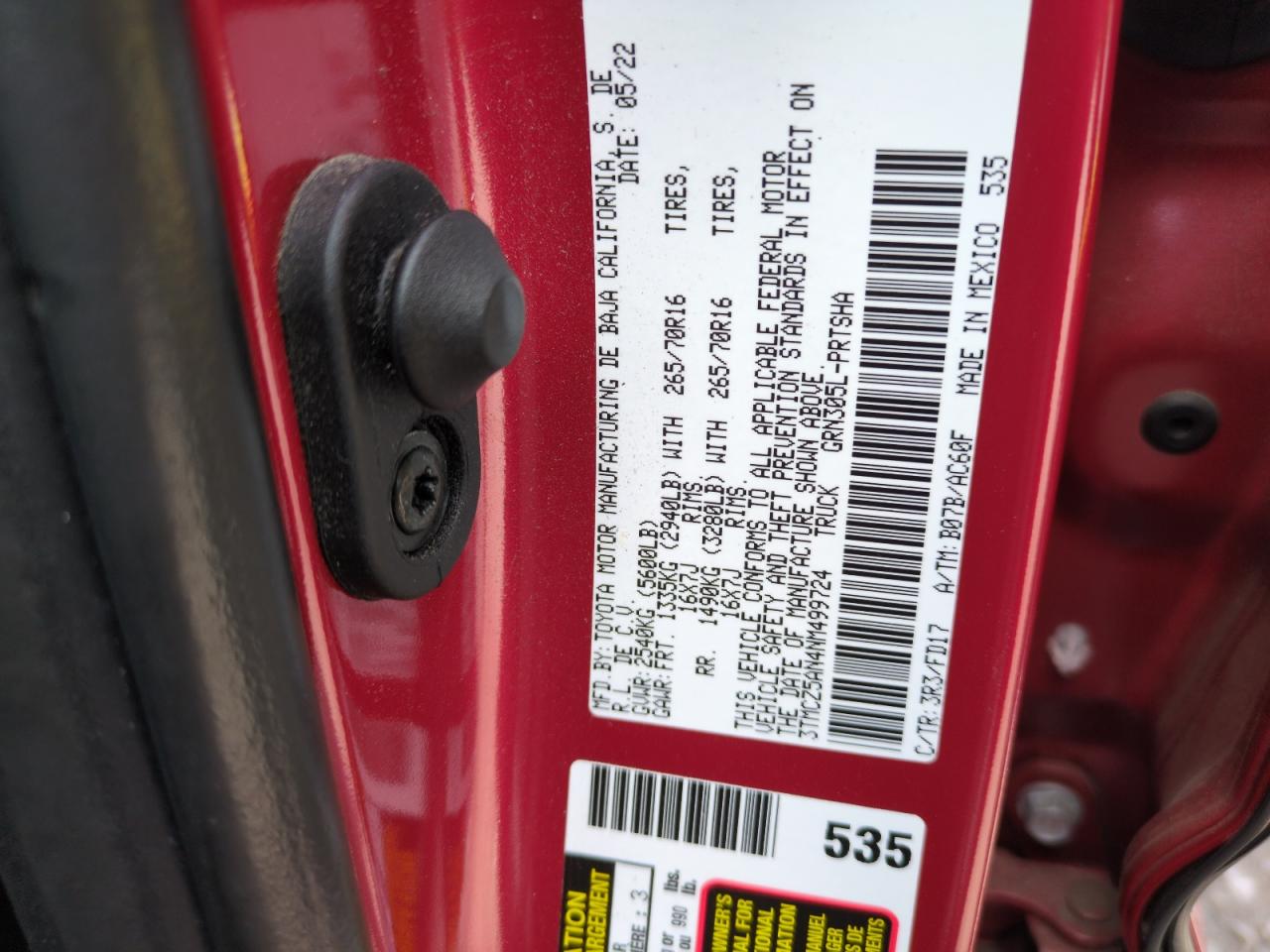 2022 TOYOTA TACOMA DOUBLE CAB VIN:3TMCZ5AN4NM499724