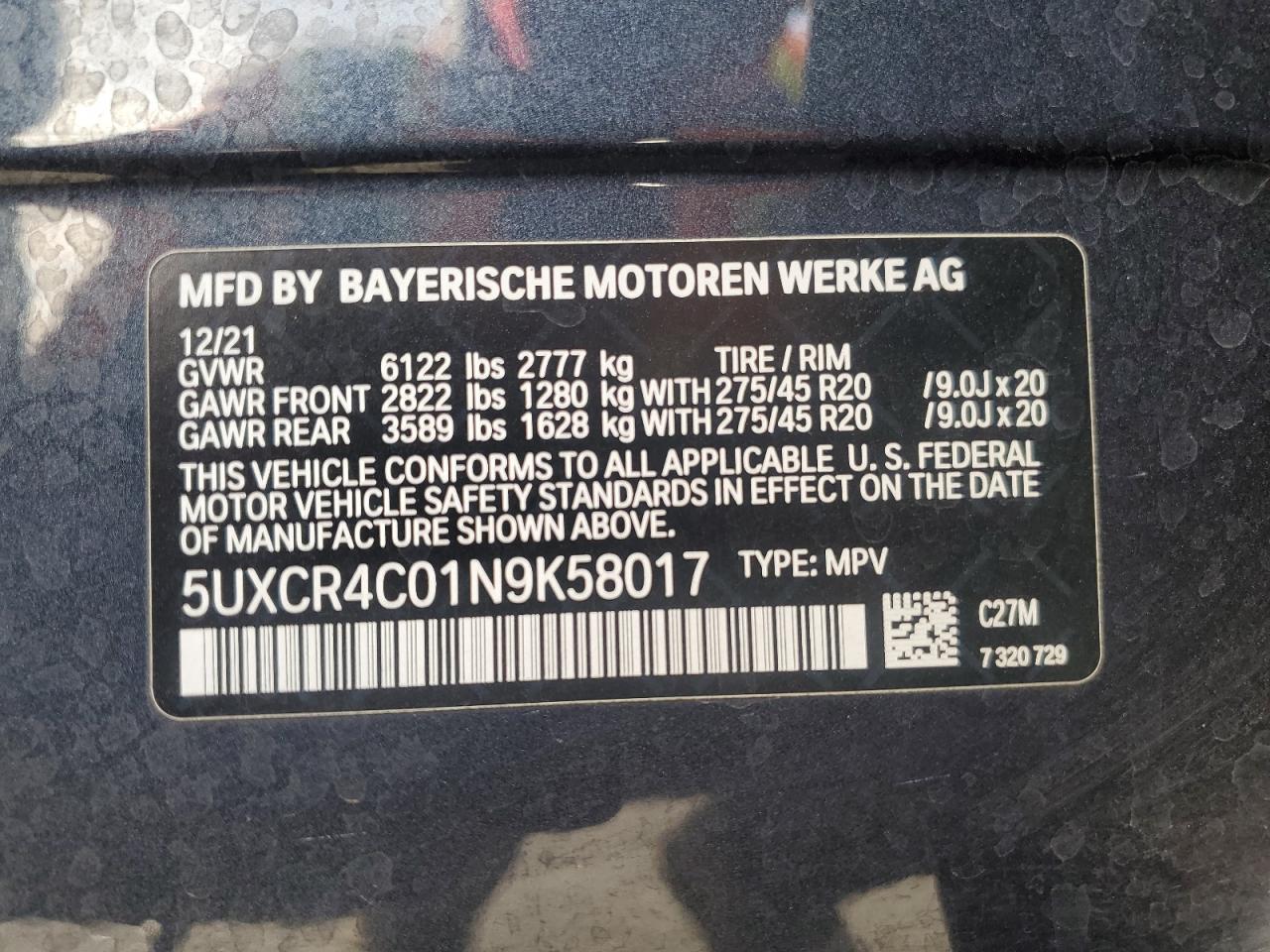 2022 BMW X5 SDRIVE 40I VIN:5UXCR4C01N9K58017