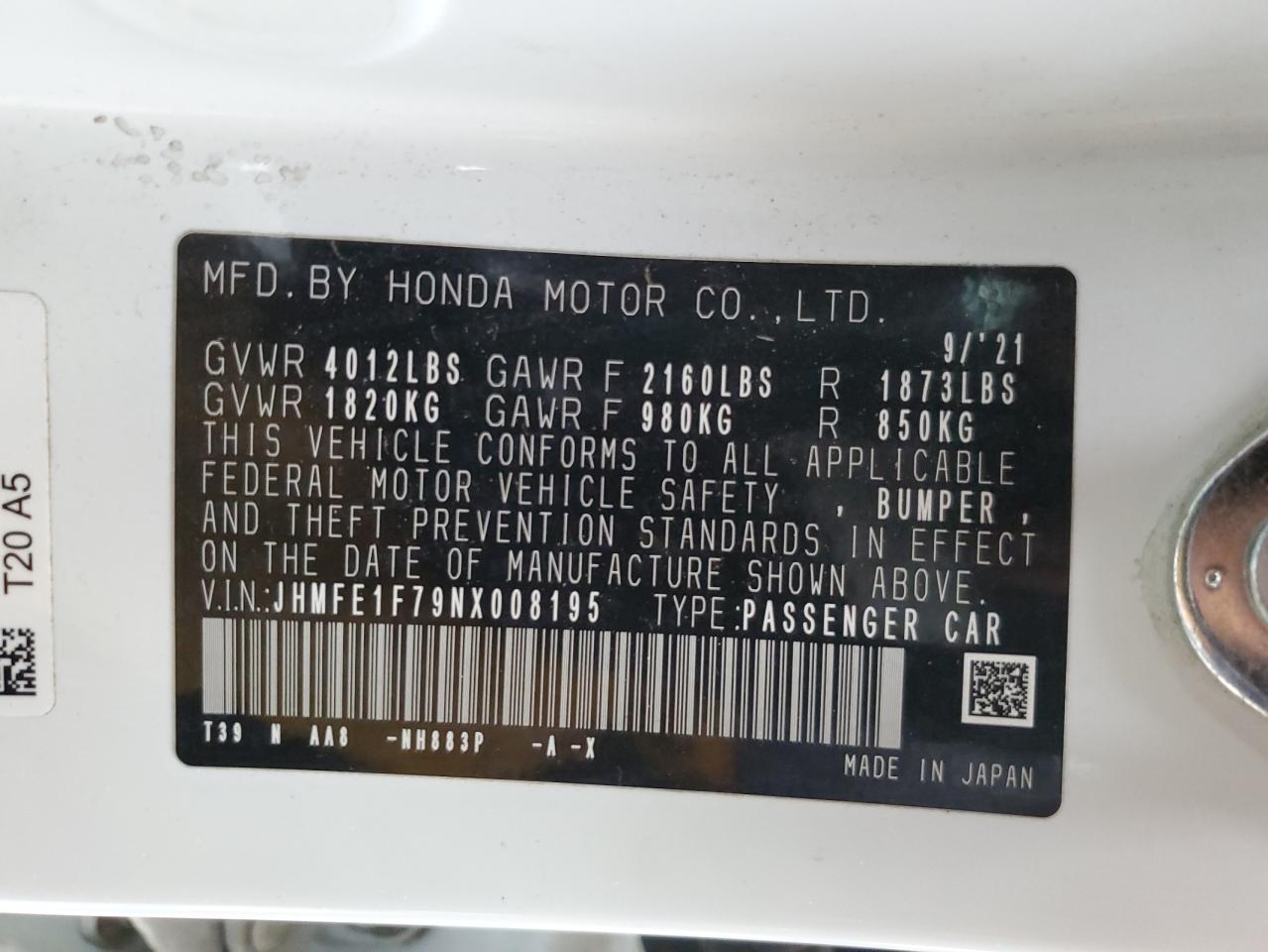 2022 HONDA CIVIC EX VIN:JHMFE1F79NX008195