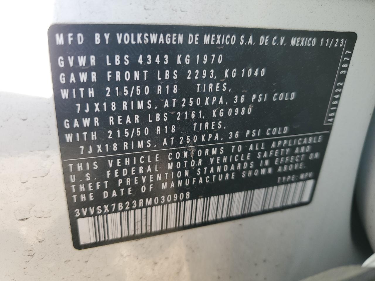 2024 VOLKSWAGEN TAOS SE VIN:3VVSX7B23RM030908