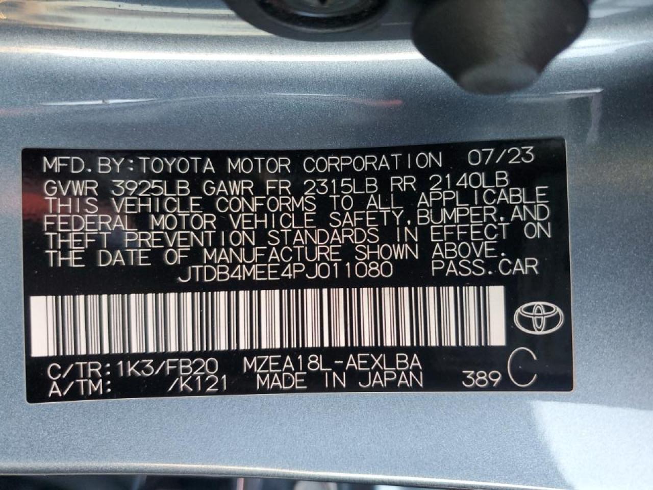 2023 TOYOTA COROLLA LE VIN:JTDB4MEE4PJ011080
