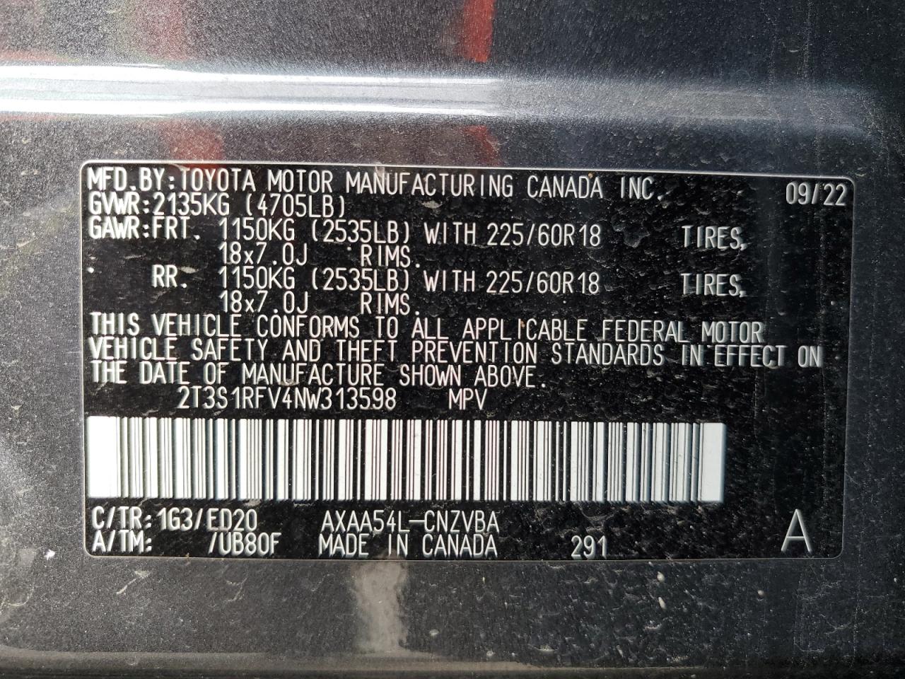 2022 TOYOTA RAV4 TRD OFF ROAD VIN:2T3S1RFV4NW313598