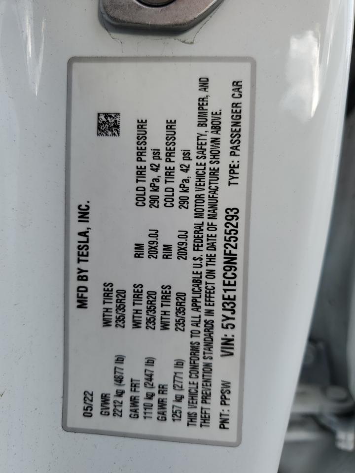 2022 TESLA MODEL 3 VIN:5YJ3E1EC9NF255293