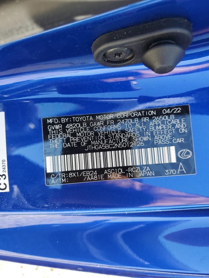 2022 LEXUS RC 300 BASE VIN:JTHGA5BC2N5012126