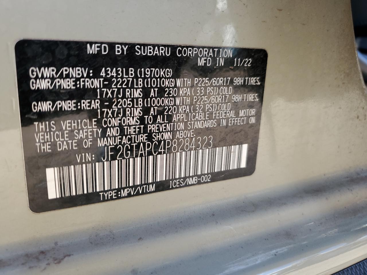 2023 SUBARU CROSSTREK PREMIUM VIN:JF2GTAPC4P8284323