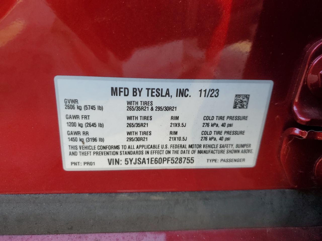 2023 TESLA MODEL S VIN:5YJSA1E60PF528755