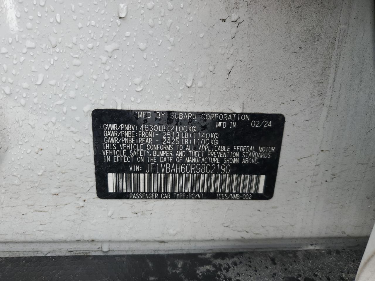 2024 SUBARU WRX PREMIUM VIN:JF1VBAH60R9802190