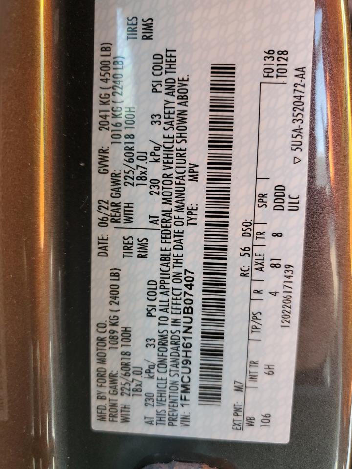 2022 FORD ESCAPE SEL VIN:1FMCU9H61NUB07407