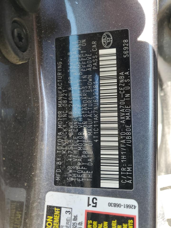 2022 TOYOTA CAMRY LE VIN:4T1C11AK7NU622381