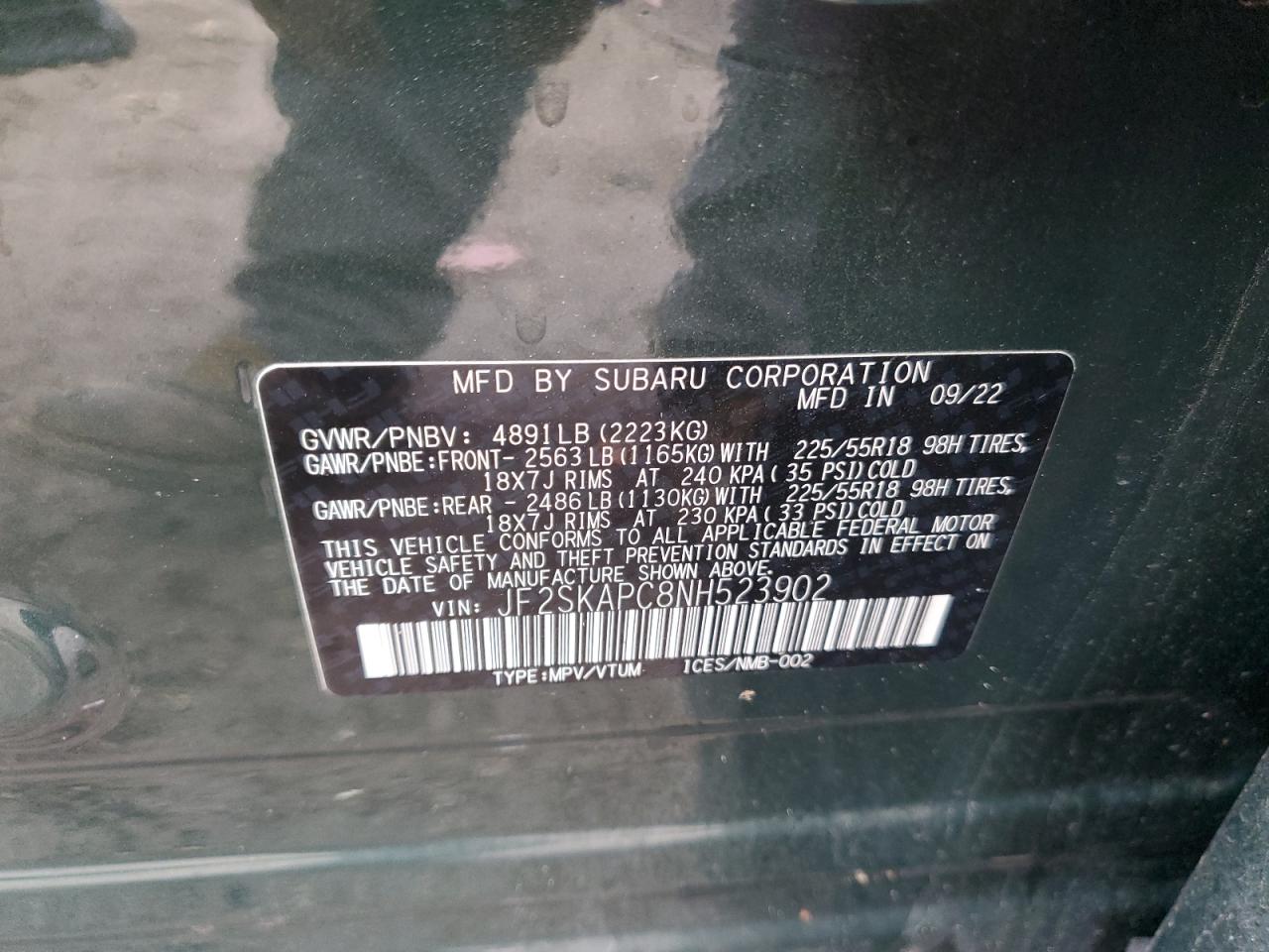 2022 SUBARU FORESTER LIMITED VIN:JF2SKAPC8NH523902