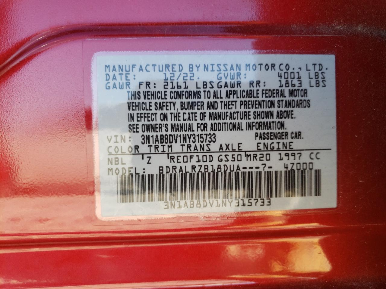 2022 NISSAN SENTRA SR VIN:3N1AB8DV1NY315733