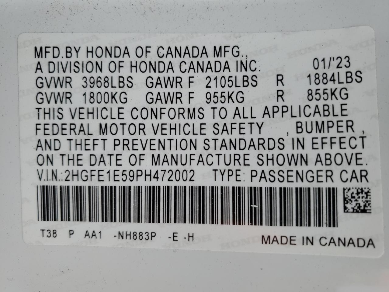 2023 HONDA CIVIC SI VIN:2HGFE1E59PH472002